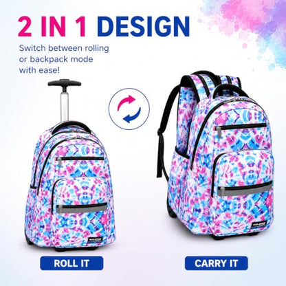 Heavy Duty Rolling Backpack School Bookbag with Wheels Deluxe Wheeled Daypack - color: Pastel