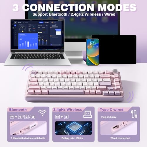 YUNZII B75 PRO Wireless Mechanical Gaming Keyboard | Custom 75% Layout with Knob,Gasket Mount,Hot Swap,Creamy Pre-lubed Switch,BT/USB-C/2.4G(Cocoa Cream V2 Switch,Purple) - color: Purple, size: Cocoa Cream V2 Switch