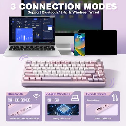 YUNZII B75 PRO Wireless Mechanical Gaming Keyboard | Custom 75% Layout with Knob,Gasket Mount,Hot Swap,Creamy Pre-lubed Switch,BT/USB-C/2.4G(Cocoa Cream V2 Switch,Purple) - color: Purple, size: Cocoa Cream V2 Switch