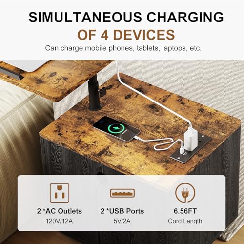 Bedroom Nightstand with Drawers & Charging Station, Adjustable Height Bedside Table with Wheels, Wooden Small Sofa Side Tables with Storage for Living Room, Rustic Brown - color: [A3] Rustic Brown
