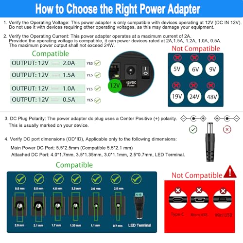 12V 2A Power Supply Adapter with On Off Switch, DC in 12V Power Cord, AC 100-240V 50-60Hz 24W 12 Volt Converter, for LED Light Strip DVD Player Keyboard Router CCTV Camera Hard Drive.