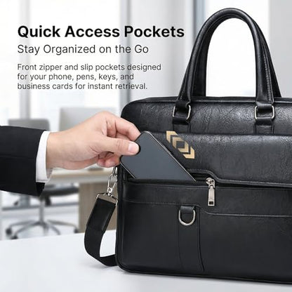 Men's Leather Laptop Bag 15 IN, Water-Resistant Briefcase Messenger Bag for Work, Business, Shoulder Crossbody Office Satchel - color: Deep Black