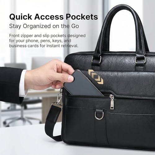 Men's Leather Laptop Bag 15 IN, Water-Resistant Briefcase Messenger Bag for Work, Business, Shoulder Crossbody Office Satchel - color: Deep Black