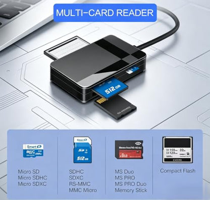 4-in-1 USB 3.0 SD Card Reader - Plug & Play, Compatible with Apple & Windows, Supports SD, Micro SD, MS, CF Cards - USB A Port