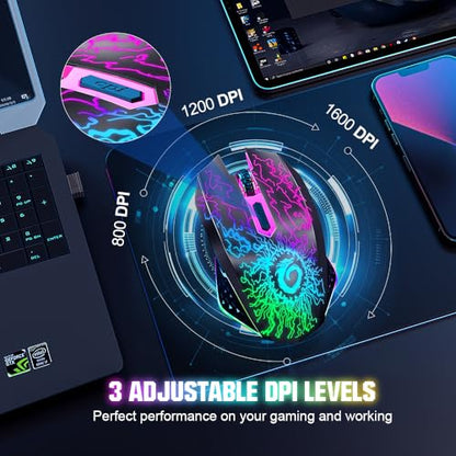 VersionTECH. Wireless Gaming Mouse, Rechargeable Computer Mouse Mice with Colorful LED Lights, Silent Click, 2.4G USB Nano Receiver, 3 Level DPI for PC Gamer Laptop Desktop Chromebook Mac-Black - color: Black