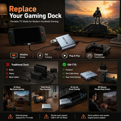 Guermok 4-in-1 Dual USB-C Display Hub, 4K@60Hz Video Output, PD 100W Input & USB 3.0 5Gbps, Compatible with AR Glasses, Switch 2, Laptops, Portable Monitors & Type-C Displays（Silver）