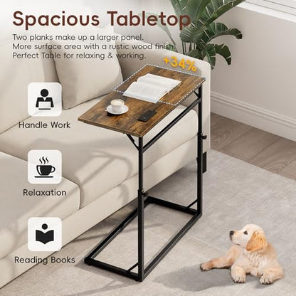 C Shaped End Table with Charging Station, Large C-Table End Table Adjustable Height Side Table for Couch, Couch Table Slide Under Sofa Table TV Tray Table for Sofa, Living Room, Bedroom,Brown - color: Rustic Brown, style: With Plug