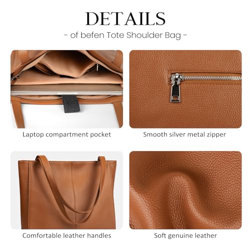 befen Genuine Leather Tote Bag for Women Work Travel Leather Purse Handbags | Real Leather, Padded 14" Laptop Compartment, Multi-Pockets, Zipper, Tote Bag for Daily - color: Cognac Brown