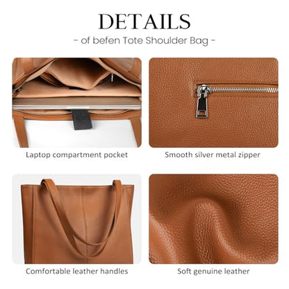 befen Genuine Leather Tote Bag for Women Work Travel Leather Purse Handbags | Real Leather, Padded 14" Laptop Compartment, Multi-Pockets, Zipper, Tote Bag for Daily - color: Cognac Brown