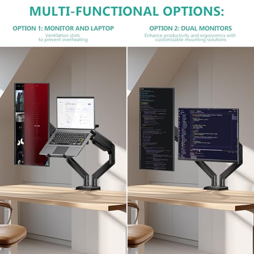 WALI Laptop Desk Mount, Dual Monitor Arm with Laptop Holder, Adjustable Height Laptop Arm Mount for Desk, Fits 17” Notebook and 32” Monitors, Up to 22Lbs (GSMP002LP), Black - size: Dual, style: Adjustable Desk Mount