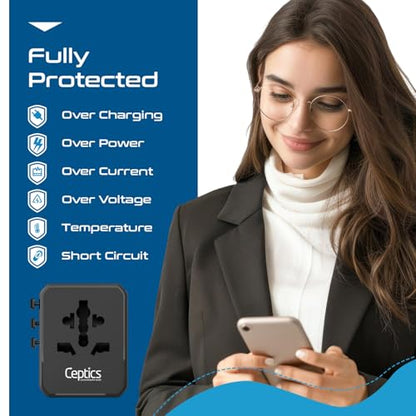 Ceptics 8 in 1 Universal Travel Adapter for EU, UK, US, AU and More, World Travel Adapter, 2X US Socket, Universal Socket, 3X USB-C and 2X USB-A, 45W Fast Charge – UP-45KU-BL - color: Black