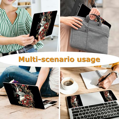 Universal Laptop Skin Sticker with 2 Wrist Pad Decals, 3-Piece Removable Vinyl Laptop Cover, Red Flower Cat Waterproof Anti-Scratch, Easy-Trim Fit for 13.3" 14" 15.6" Laptops - color: Red Flower Cat