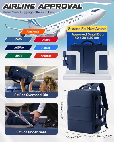 Travel Backpack for Women Men with Compression Vacuum Storage Bag & Electric Pump, Flight Approved Carry On Backpack, Frontier Spirit Airlines Personal Item Bag 18x14x8, Navy Blue - color: Navy Blue