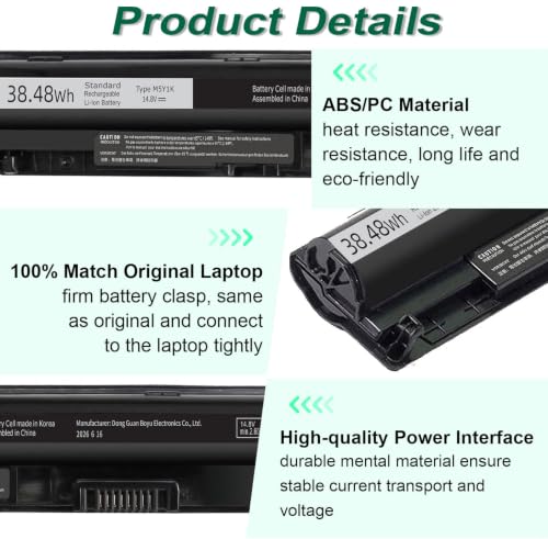 38.48Wh M5Y1K 14.8V Battery for Dell Inspiron 15 5000 3000 Series 5566 5558 | 5559 5552 3551 3552 3558 17 5755 5756 5758 5759 14 3451 3452 3458 3467 5458 VN3N0 MSY1K HD4J0 P63F P51F P47F P65G P52F - size: 10.6*1.5*0.76inch M5Y1K