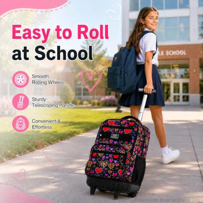 3Pcs Rolling Backpack for Girls, 19 Inche Women Roller Bag with Wheels for Adults, Wheeled Bookbag with Lunch Box(Brown) - color: Leopard Heart