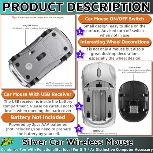 Silver Car Mouse，1600DPI 2.4G with USB Reciver Computer Mice for Computer Wireless Computer Mouse Wireless Cute Wireless Mouse for Laptop Tablet for Windows Mac OS（Silver） - color: Silver