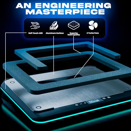 KLIM Turbofrost Gaming Laptop Cooling Pad, 16,000 RPM, RGB, USB-C/DC | 4 turbo fans, aircraft-grade aluminum, anti-dust, dual USB-C/DC power, 3 extra USB ports, up to 17.3in, Space grey