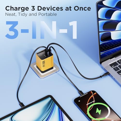 65W GaN USB C Charger with Retractable Charging Cable, 3-Port Power Adapter | Fast travel charger for MacBook, iPhone 17 16 15, Samsung Galaxy S25/S24, iPad, multi port compact wall charging block,Yellow - color: Yellow