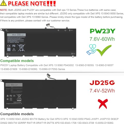New PW23Y Laptop Battery Replacement for Dell XPS 13 9360 P54G002 13-9360-D1605G 13-9360-D1605T 13-9360-D1609 13-9360-D1609G 13-9360-D1705G Series Rechargeable TP1GT RNP72 0RNP72 0TP1GT - size: 8.1 x 5.3 x 0.3 inches PW23Y BATTERY