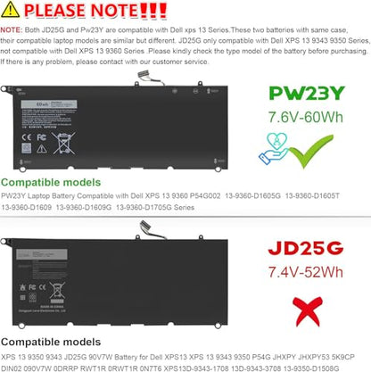 New PW23Y Laptop Battery Replacement for Dell XPS 13 9360 P54G002 13-9360-D1605G 13-9360-D1605T 13-9360-D1609 13-9360-D1609G 13-9360-D1705G Series Rechargeable TP1GT RNP72 0RNP72 0TP1GT - size: 8.1 x 5.3 x 0.3 inches PW23Y BATTERY