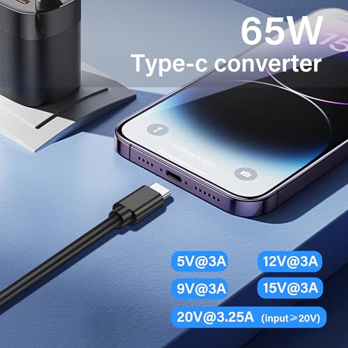 SinLoon PD 65W DC to USB C Cable DC 5521 Female to Type C Male Power Charging Cable with DC 5525 7450 7909 4530 4017 Square Converters Support 5V 9V 12V 15V 20V for Phone Tablet Laptop