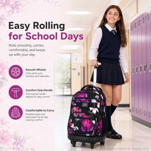 3Pcs Rolling Backpack for Girls, 19 Inche Rose Roller Bag with Wheels, Adults Wheeled Bookbag Set for Women(Black) - color: Rose Black02