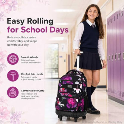 3Pcs Rolling Backpack for Girls, 19 Inche Rose Roller Bag with Wheels, Adults Wheeled Bookbag Set for Women(Black) - color: Rose Black02