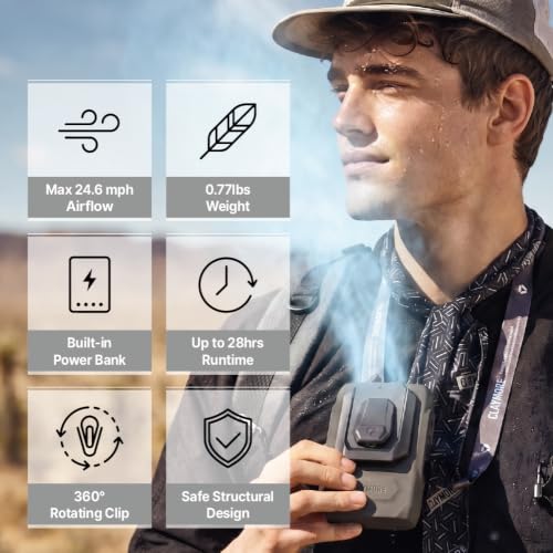Claymore Clip Fan Plus Portable Wearable Shirt & Belt Clip Fan, Quiet BLDC Motor USB-C Rechargeable Personal Cooling Fan, Hands-Free Compact Pocket Fan for Outdoor Work, Golf, Camping, Travel