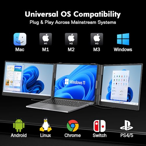 Blackview Triple Laptop Screen Extender 14 inch USB C Plug Play | Detachable 4.5mm 1kg, 1080P FHD IPS, 180° Rotate, Extend/Mirror/Portrait, 100W Reverse Charging, Compatible with Mac/Switch - color: DCM6-Triple