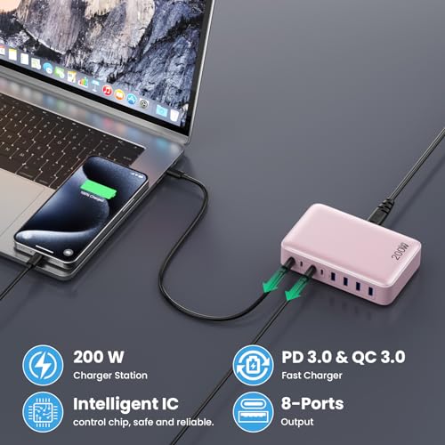 USB C Charger 200W USB C Charger Block,Upgraded GaN III 8-Port Fast Charging Station Hub,PD 65W Laptop Charging Adapter Compatible with MacBook Pro/Air,DELL,Steam Deck,iPhone 16/15/14,Galaxy S23/22 - color: Pink, size: 200W