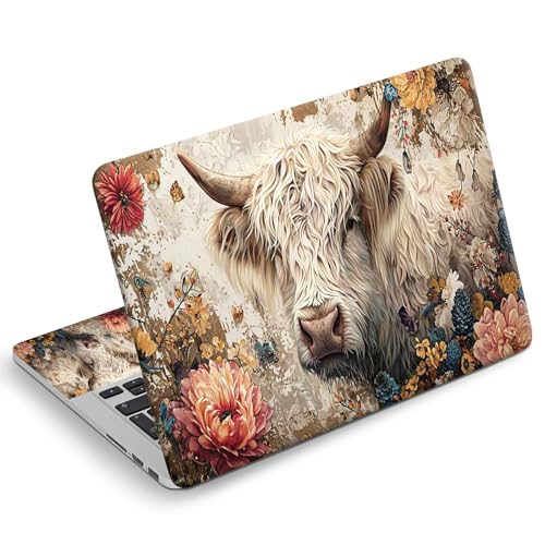 Universal Laptop Skin Sticker Decal, Compatible with MacBook HP Dell Lenovo 12"-15.6", Reusable Vinyl Notebook Cover 3PCS Set, High-Recognition Film-Highland Cow with Flower - color: Highland Cow with Flower