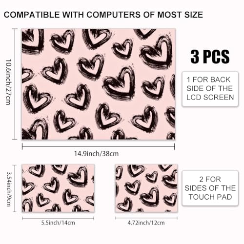 3Pcs Black Hearts Laptop Skin Sticker Universal Removable Vinyl Stickers Fits for 12.1 13 14 15.6 16 Inch Waterproof Notebook Decal Cover Gift - color: black and pink