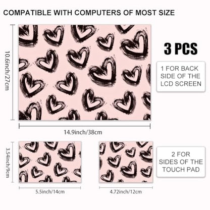 3Pcs Black Hearts Laptop Skin Sticker Universal Removable Vinyl Stickers Fits for 12.1 13 14 15.6 16 Inch Waterproof Notebook Decal Cover Gift - color: black and pink