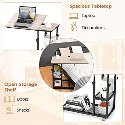 Tangkula Height Adjustable C Shaped End Table with Lockable Wheels, Mobile Couch Desk Table with Tiltable Table Top, Sofa Bedside Laptop Stand TV Tray with Storage Shelves, Snack Side Table - color: Natural