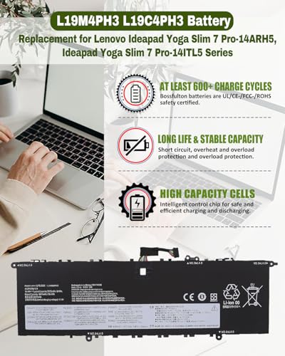 61Wh L19M4PH3 L19C4PH3 L19D4PH3 Battery for Ideapad Yoga Slim 7 Pro-14ARH5 Pro-14ITL5 Pro-14IHU5 Pro-14ACH5 Pro-14IAP7 Series – Parts Number SB10Z49515 SB10Z49516 SB10Z49517-15.44V 4-Cell - size: 11.42*3.46*0.20 IN L19C4PH3
