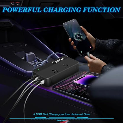 200W Car Power Inverter 12V DC to 110V AC Converter with 2 AC Outlets & 4 USB Ports, Dual QC3.0 + 2 USB-C PD 18W, Cigarette Lighter Plug Adapter for Laptop Tablet Road Trip