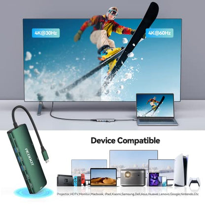 USB C Hub, 9-in-1 Multi-Port USB Adapter, 4K@60Hz HDMI, 100W Max PD, 3 USB3.0(5Gbps) + 2 USB2.0 Data Ports, SD/TF Card Reader for MacBook, iPad Pro, Dell, HP, Lenovo, Windows Laptop, Green - color: Green