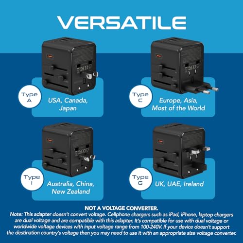 Ceptics 8 in 1 Universal Travel Adapter for EU, UK, US, AU and More, World Travel Adapter, 2X US Socket, Universal Socket, 3X USB-C and 2X USB-A, 45W Fast Charge – UP-45KU-BL - color: Black