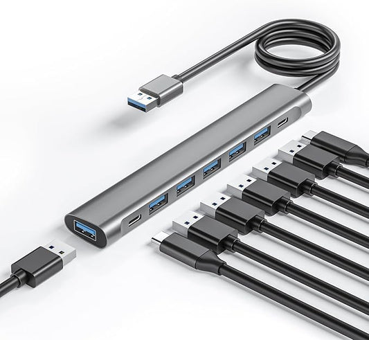 USB Hub Long Cable, 8 Ports USB 3.0 Adapter with 6 USB 3.0 Data Ports,USB-C Data,USB Splitter with USB C 5V/3A Power Port, 47IN/120CM Main Cable for Laptop PC - color: 8in1 hub
