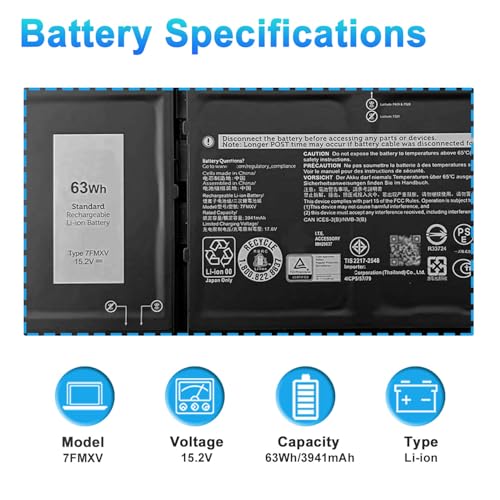 63Wh 7FMXV Laptop Battery Replacement for Dell Latitude 7320 7420 7520 5320 5320 2-in-1/7320 2-in-1/7420 2-in-1 Series TN2GY 0TN2GY 9JM71 4M1JN 1PP63 727CG HDGJ8 MHR4G CN-0727CG CN-0TN2GY - size: 10.01*4.10*0.22inch 7FMXV