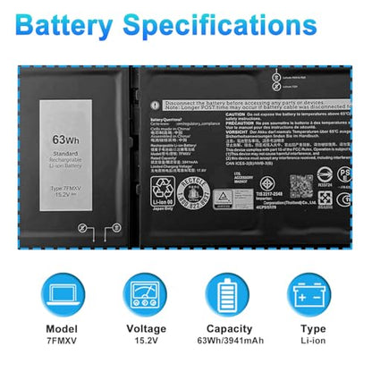 63Wh 7FMXV Laptop Battery Replacement for Dell Latitude 7320 7420 7520 5320 5320 2-in-1/7320 2-in-1/7420 2-in-1 Series TN2GY 0TN2GY 9JM71 4M1JN 1PP63 727CG HDGJ8 MHR4G CN-0727CG CN-0TN2GY - size: 10.01*4.10*0.22inch 7FMXV