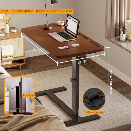 Over Bed Table Pneumatic Adjustable Height Stand Desk with Hidden Casters Foldable Mobile Laptop Computer Standing Desk with USB Ports Pad