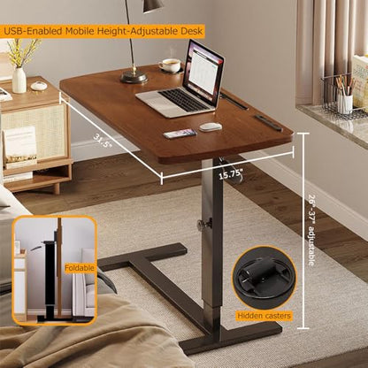 Over Bed Table Pneumatic Adjustable Height Stand Desk with Hidden Casters Foldable Mobile Laptop Computer Standing Desk with USB Ports Pad