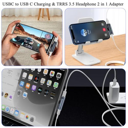 QIANRENON PD100W USB C Charging Headphone 2 in 1 Adapter USB Type C Male to Type C Female & TRRS 3.5mm Female Connector USB C Phone Fast Charge 3.5mm Headset Converter,with LED Light,Hanging Hole