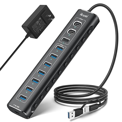 Powered USB Hub, 11-Port ikuai Hybrid USB 3.2/ USB C Hub with PD Charging Port and 60W Power Adapter, Aluminum USB Splitter Including 3 10Gbps Ports and 7 USB 3.0 Ports for PC, Laptop and More - size: 11-Port USB 3.2 Hub