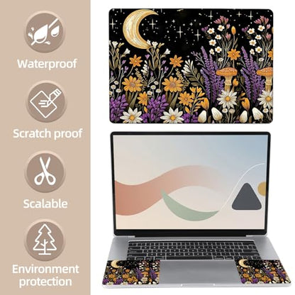 Universal Laptop Skin Sticker for 12/13/14/15.6 Inch Laptops, Reusable Vinyl Laptop Decal Cover, Waterproof Scratch Resistant Notebook Skin with 2 Wrist Pads,Wildflowers Moon - color: Wildflowers Moon