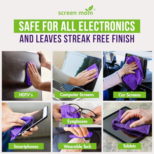 Screen Mom Screen Cleaner Spray 8oz & 2oz for TV, Car, Laptop and Computer | Streak-Free Formula, Alcohol & Ammonia Free, 4 Microfiber Cloths, Cleans TVs Phones Tablets Glass OLED, Residue-Free Cleaning - size: 8oz & 2oz