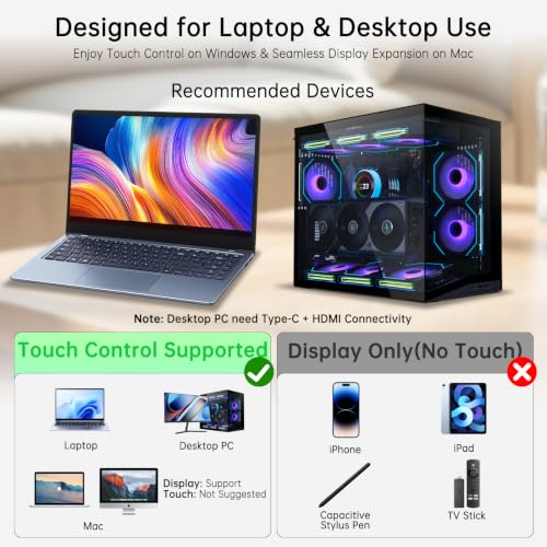 15.6” Portable Monitor Touchscreen, FHD 1080P IPS USB-C External Monitor, Ultra Responsive 10-Point Touch Laptop Second Screen, Lightweight Travel Monitor for Windows PC - size: 15.6"Touch