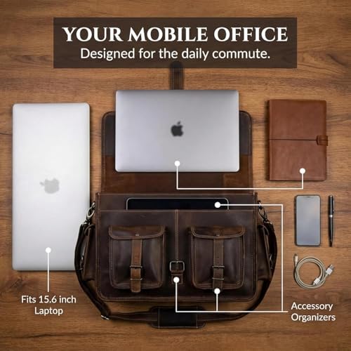 Leather Briefcase Work Bag for Men Women Dark Brown Crossbody Genuine Leather Satchel Office Bag for Men Women 18 Inch Computer Travel Messenger Laptop Shoulder Bag Cureo - size: 18 Inch