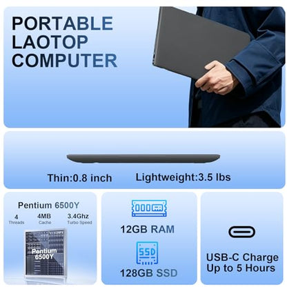 Laptop 15.6 Inch, 12GB RAM Laptops with Pentium Gold 6500Y (Up to 3.4GHz), 128GB SSD, FHD IPS Screen, USB C, USB 3.2, HDMI, WiFi, Lightweight Laptop for Student, Home and Everyday Use